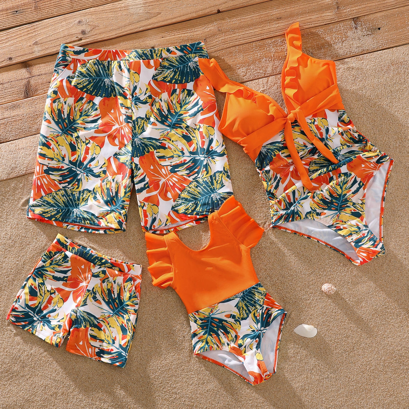 Family Matching Orange Swimsuits & Trunks