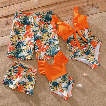 Family Matching Orange Swimsuits & Trunks
